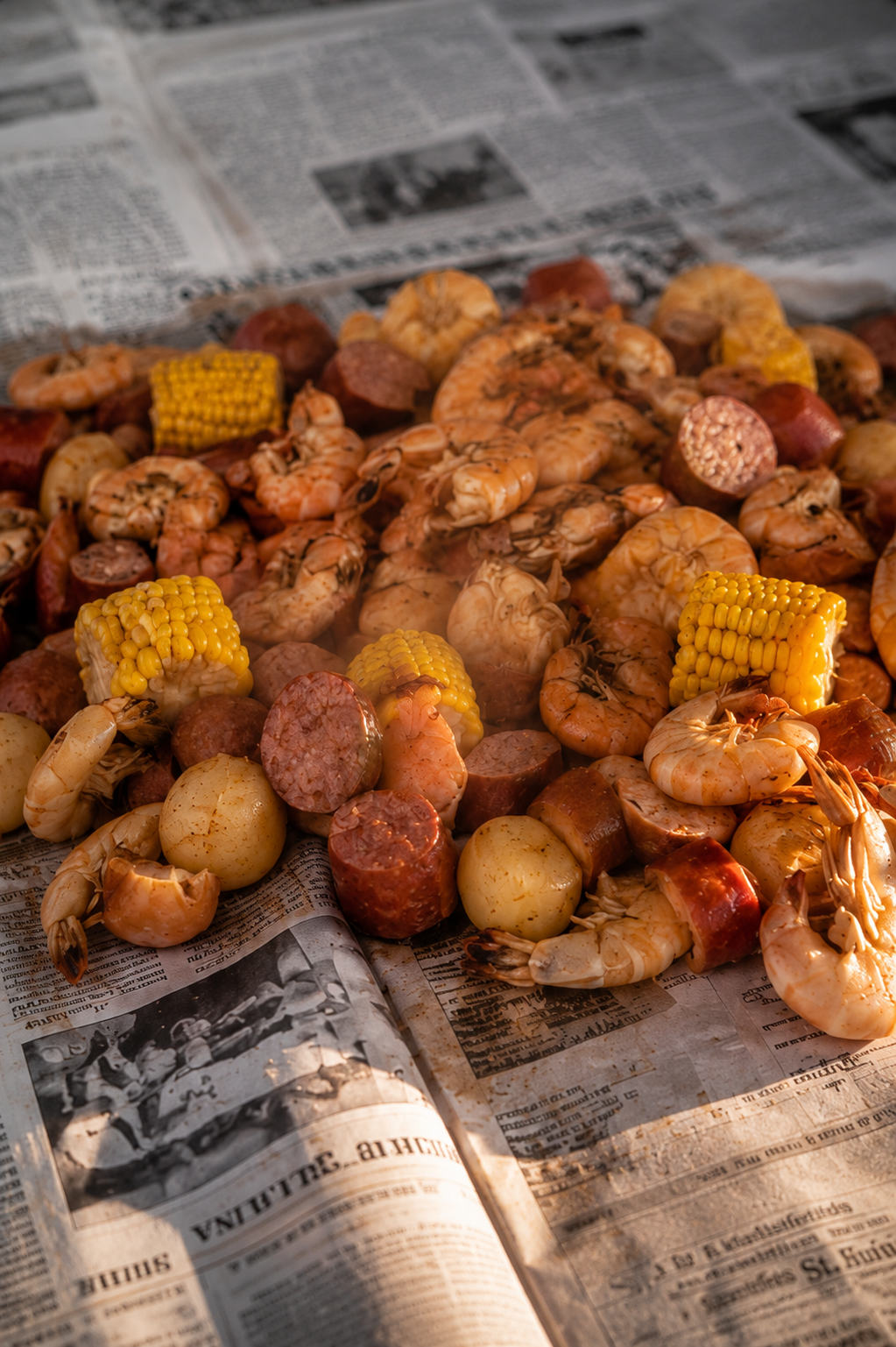 Lowcountry boil on newspaper