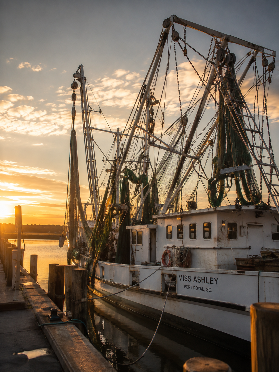 Trawler at the dock at sunset